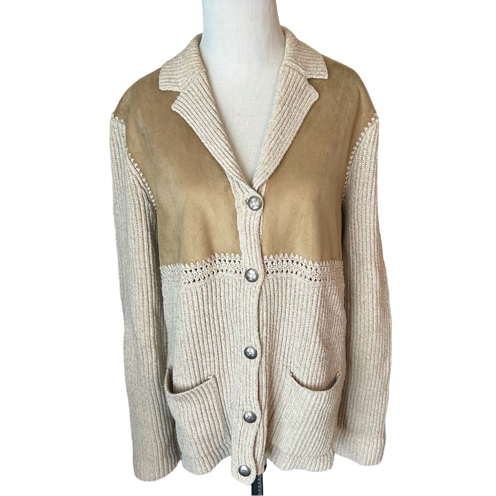 Lauren Ralph Lauren Cream & Tan Western Boho Sweater jacket faux suede & crochet
